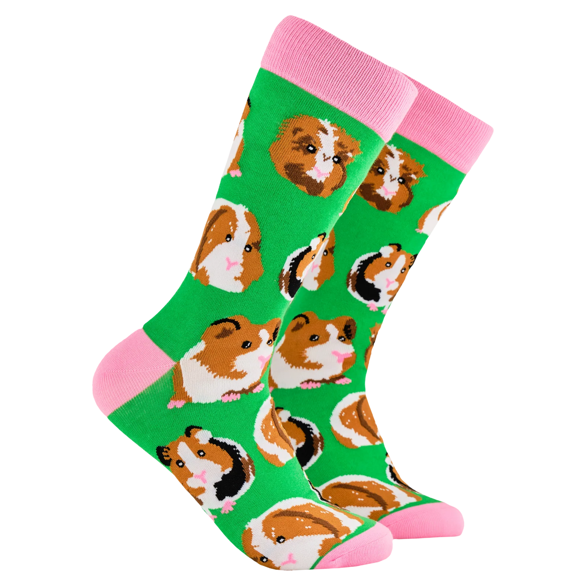 Bright green adult crew socks from Socktopus with pink toes and heels featuring brown and white smirked Guinea-pigs