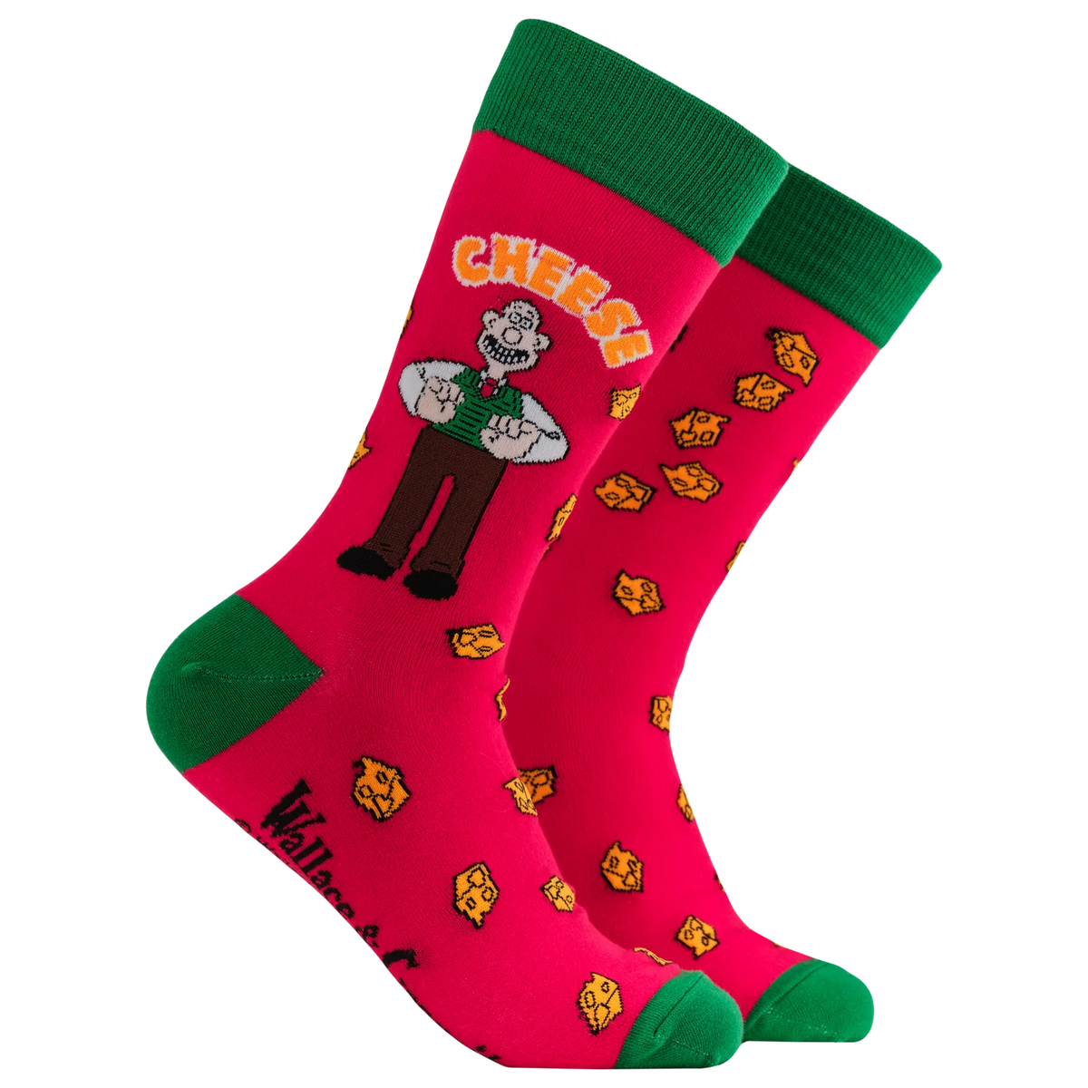 Red adult crew socks with green toes and heels from Socktopus featuring Wallace from Wallace and gromit with blocks of cheese