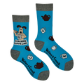 Blue adult crew socks from socktopus with grey toes and heels featuring official Wallace and gromit art of gromit holding a cup of tea with teacups and tea pots around