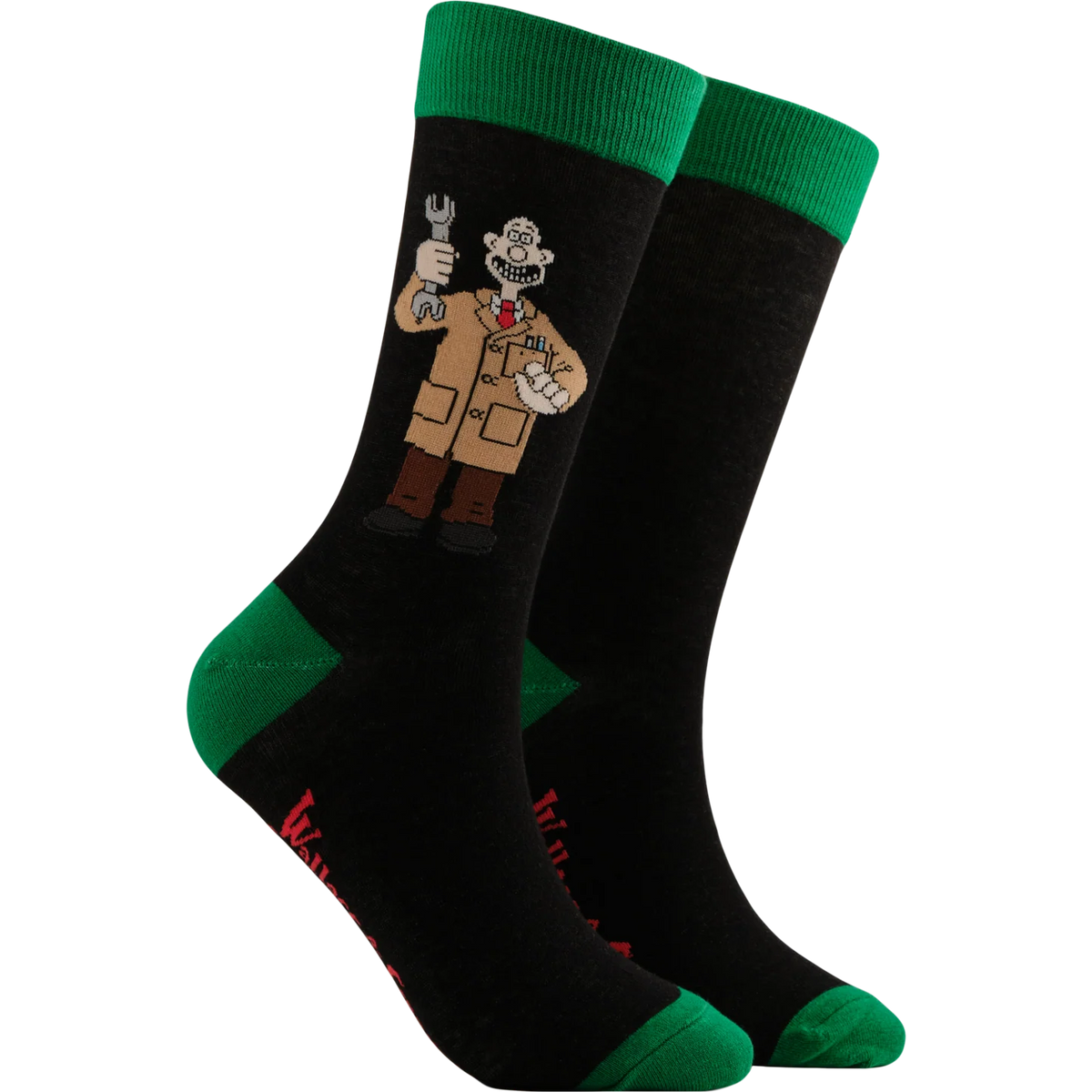Official Wallace and gromit adult socks from Socktopus. Black socks with Wallace in his brown coat on the side holding a wrench/spanner. The socks have green toes and heels and Wallace and gromit written on the sole