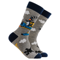 Grey adult crew socks from Socktopus featuring official Wallace and gromit designs of feathers the penguin on a steam train