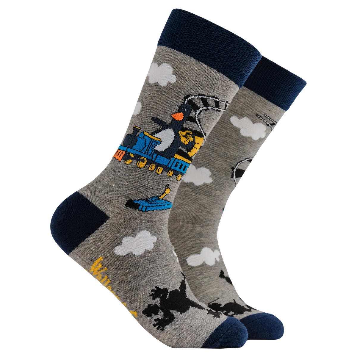 Grey adult crew socks from Socktopus featuring official Wallace and gromit designs of feathers the penguin on a steam train