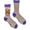 Grey adult crew socks with purple toes and heels from Socktopus featuring an image of York Minster