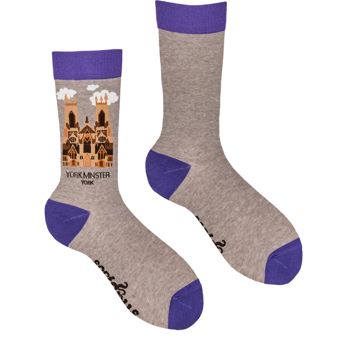 Grey adult crew socks with purple toes and heels from Socktopus featuring an image of York Minster