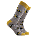 Grey adult crew socks with yellow toes and heels and black and yellow bumble bees from socktopus