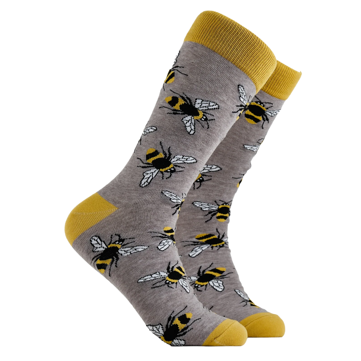 Grey adult crew socks with yellow toes and heels and black and yellow bumble bees from socktopus