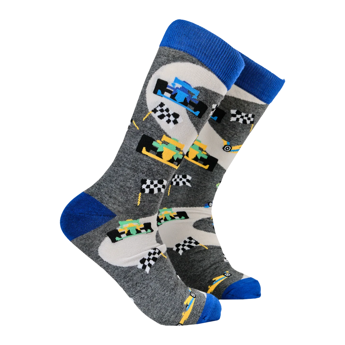 Grey socks from Socktopus featuring track race cars. The socks have blue toes and heels