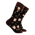 Black adult crew socks with brown heels and toes from Socktopus featuring coffee beans and cups/mugs