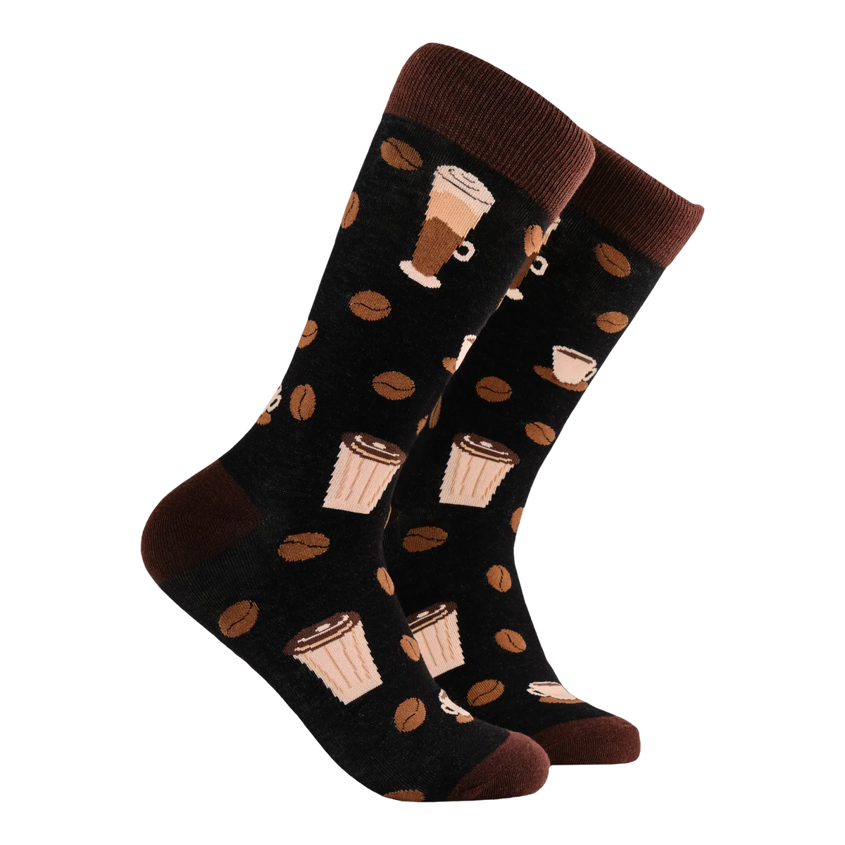 Black adult crew socks with brown heels and toes from Socktopus featuring coffee beans and cups/mugs