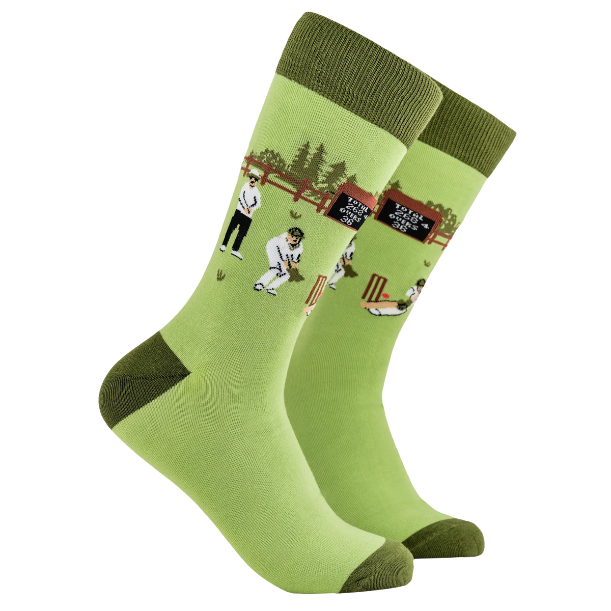 Light green socks with darker green heels and toes from Socktopus showing an English village cricket scene