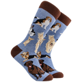 Beagle, yorkie, chihuahua, brown Labrador dogs on pale blue adult crew socks with brown toes and heels from socktopus
