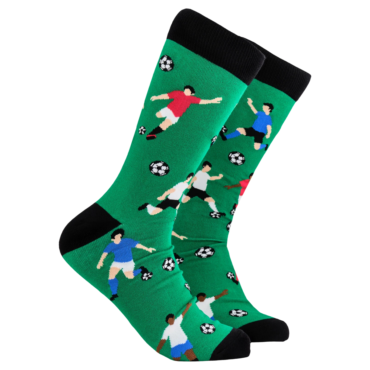 Green adult crew socks with black toes and heels from Socktopus feature footballers playing football