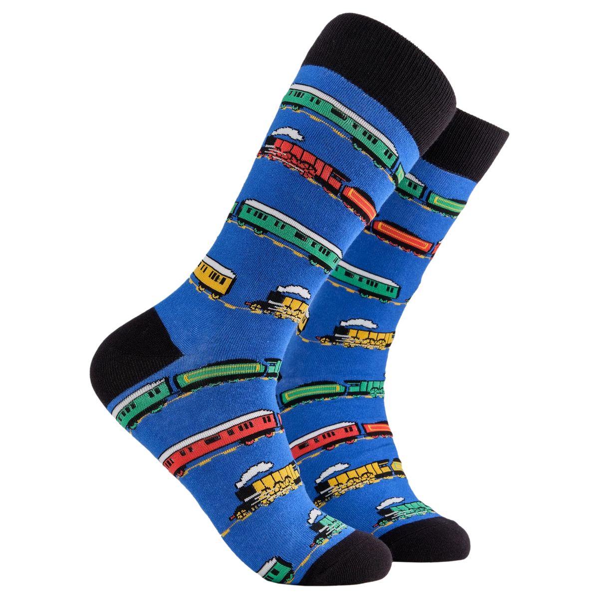 Adult train themed socks from Socktopus. The blue socks with red, yellow and Green steam trains on them.