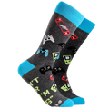 Dark grey  with blue toes and heels, these adult crew socks from Socktopus feature gaming images of controllers and retro hand held gaming devices