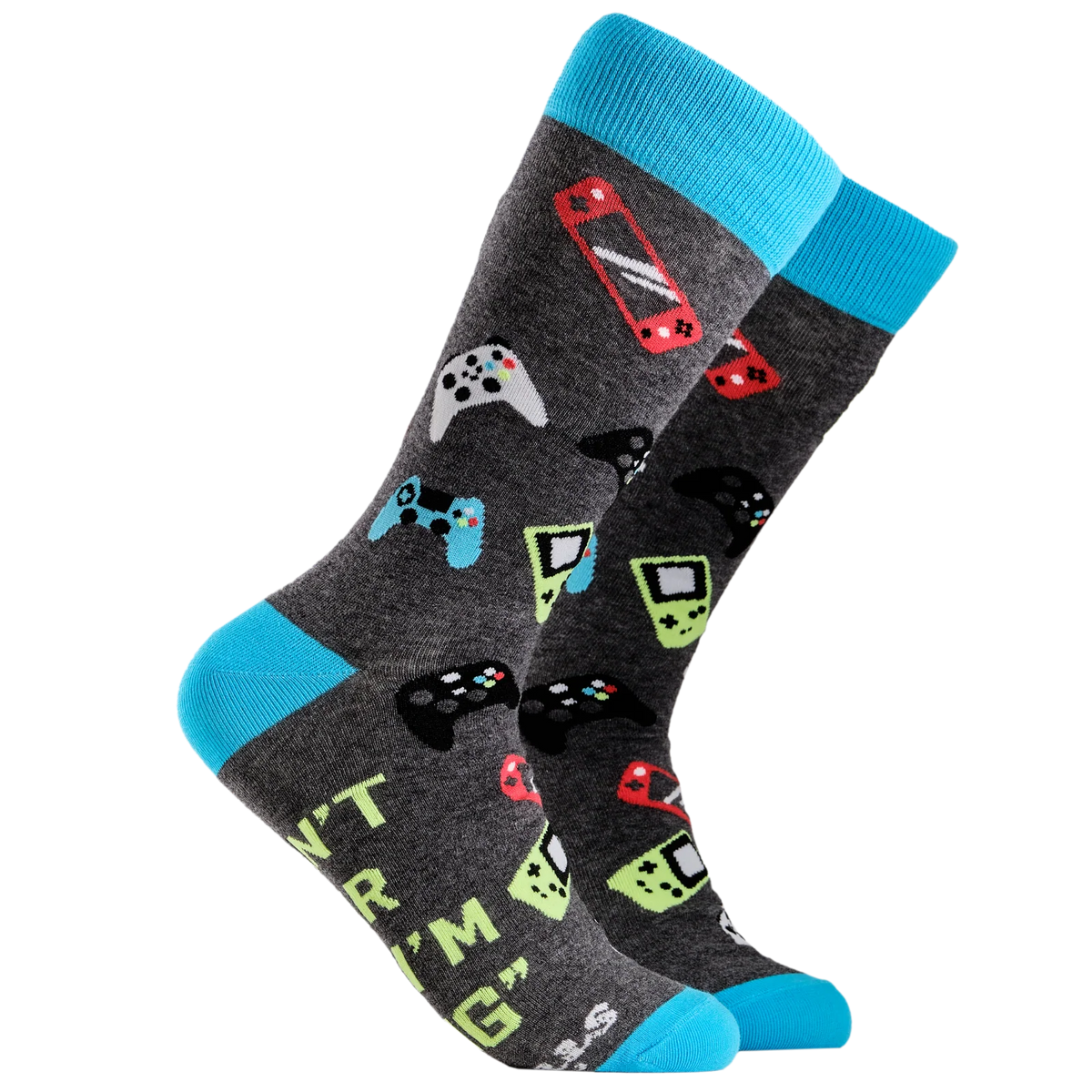 Dark grey  with blue toes and heels, these adult crew socks from Socktopus feature gaming images of controllers and retro hand held gaming devices