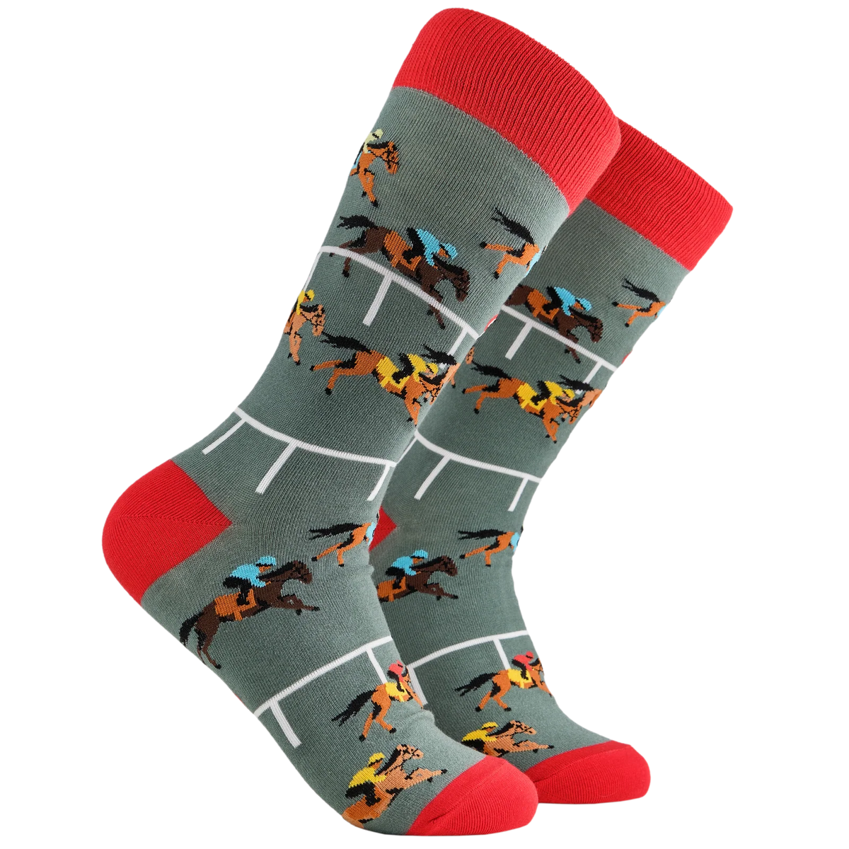 Grey adult crew socks with red toes and heels from Socktopus featuring race horses on a race course 
