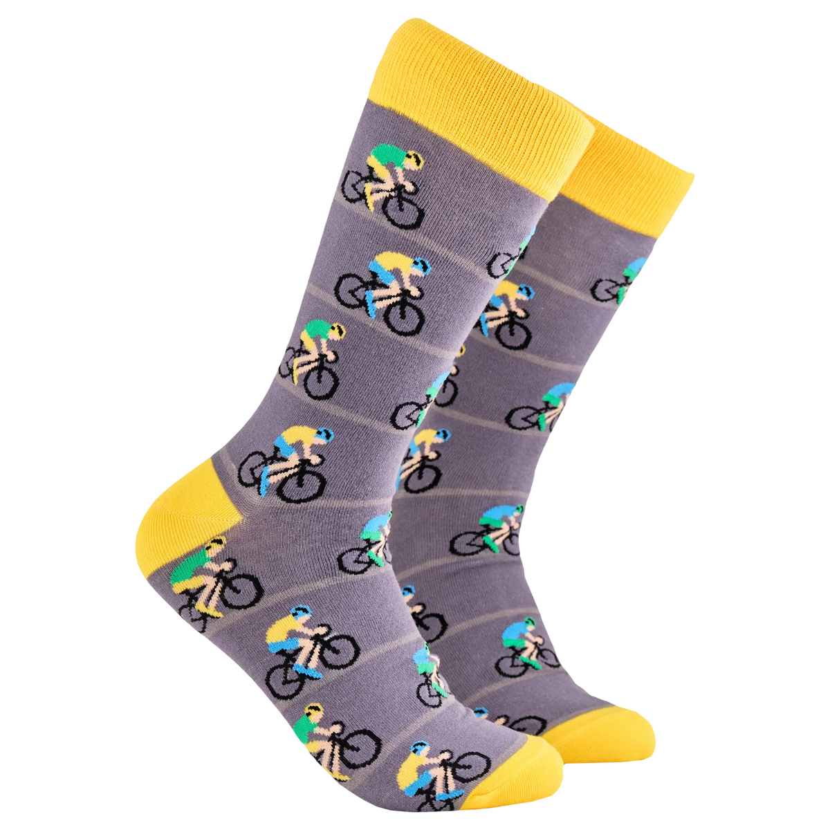 Grey adult crew socks with yellow toes and heels from Socktopus featuring cyclists on bicycles cycling on the road