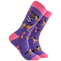 Purple adult crew socks from Socktopus with pink toes and heels featuring horses and riders and rosettes 