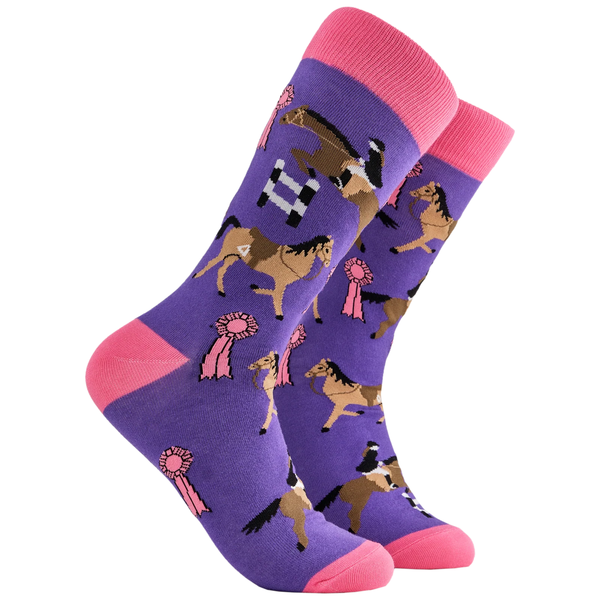 Purple adult crew socks from Socktopus with pink toes and heels featuring horses and riders and rosettes 
