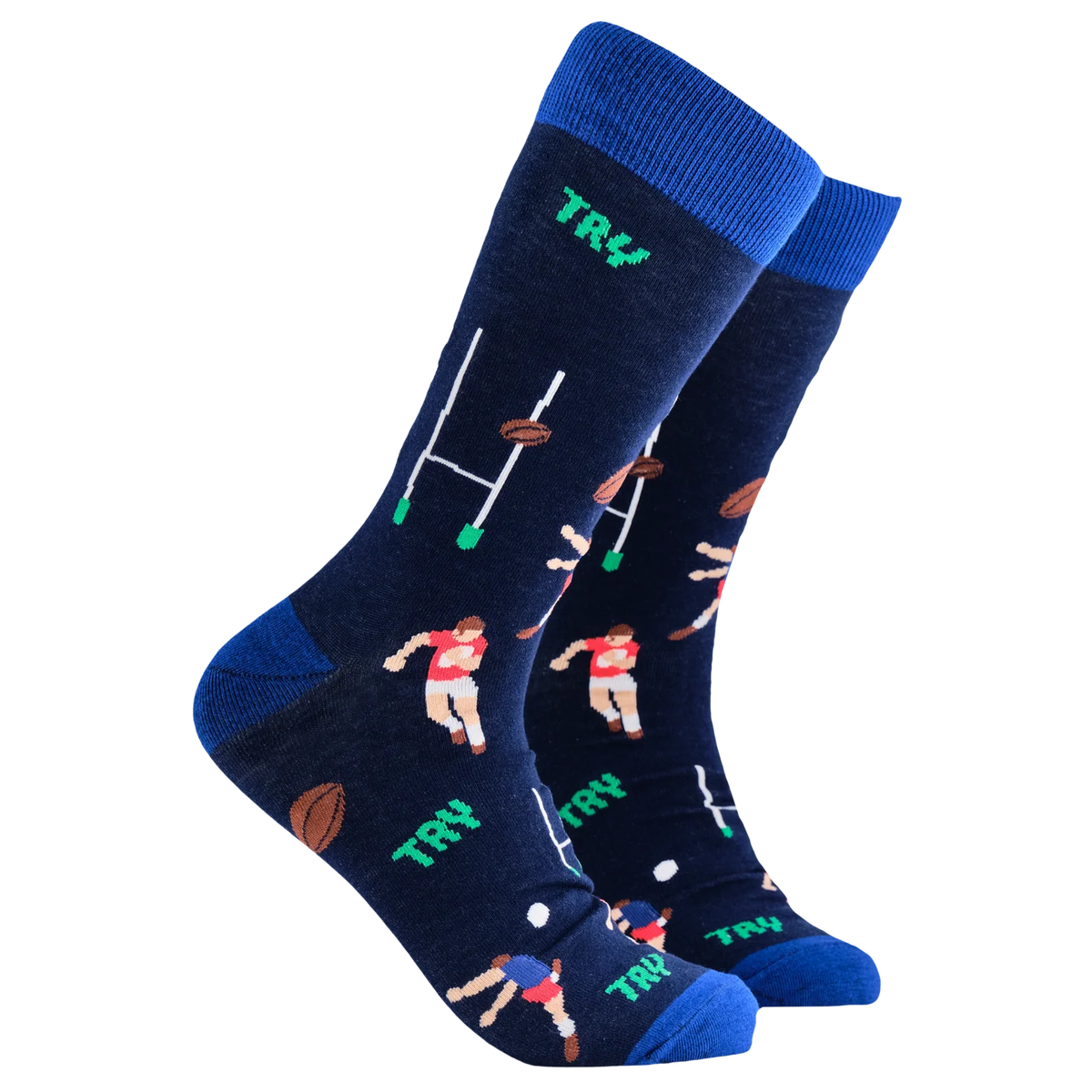 Dark blue adult socks with bright blue toes and heels from Socktopus. The socks feature rugby players, iconography and the words “try”