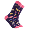 Pair of adult crew socks from Socktopus. Socks are dark purple with pink toes and heels and feature pictures of books and reading glasses