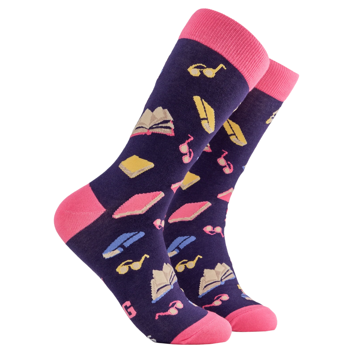 Pair of adult crew socks from Socktopus. Socks are dark purple with pink toes and heels and feature pictures of books and reading glasses