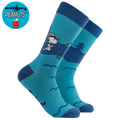 Blue adult crew socks from Socktopus featuring official snoopy and peanuts imagery of snoopy fishing 