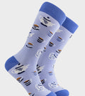 Socktopus adult crew socks with tea cups and teapots design on a light blue background with darker blue toes and heels