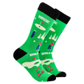 Bright green adult crew socks with dark toes and heels from Socktopus featuring golf imagery and words like “birdie”, golf cards and sand dunes
