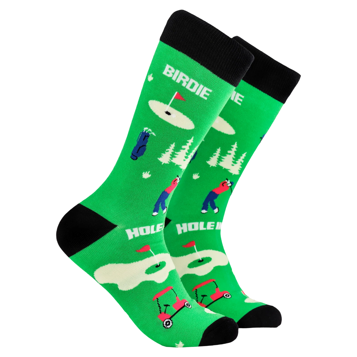 Bright green adult crew socks with dark toes and heels from Socktopus featuring golf imagery and words like “birdie”, golf cards and sand dunes