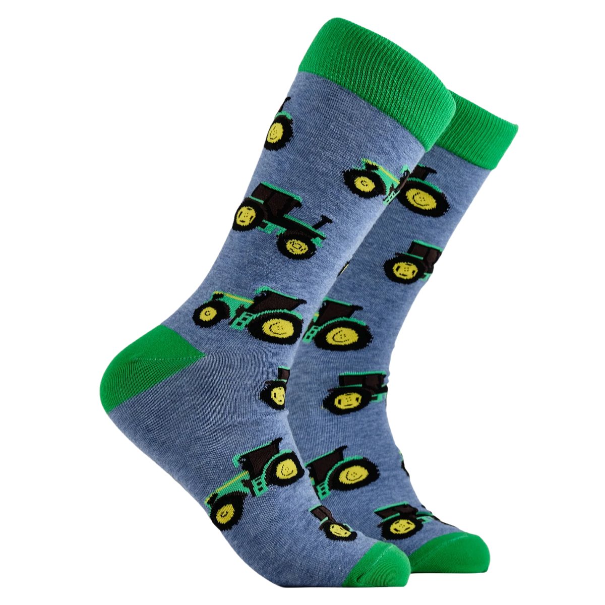 Grey adult socks with green heels and toes from Socktopus featuring a green modern tractor on them