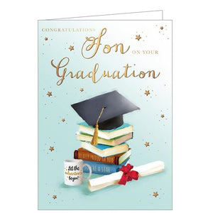 This mint-green graduation card is the perfect way to show your son just how proud you are! Decorated with a mortar board balanced atop a stack of books, with a diploma and mug as the finishing touches, this graduation card boasts gold lettering that reads "Congratulations Son on Your Graduation" and is adorned with miniature gold stars.