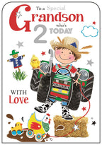 This 2nd birthday card for a special grandson is decorated with a cartoon of a young boy riding in a tractor! The text on the front of the card reads "To a Special Grandson who's 2 today".