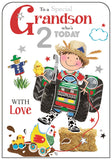 This 2nd birthday card for a special grandson is decorated with a cartoon of a young boy riding in a tractor! The text on the front of the card reads "To a Special Grandson who's 2 today".