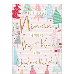 This lovely Christmas card for a special niece is decorated with pink, blue and green Christmas trees.

The caption on the front of this Christmas card reads "To a special Niece...sending Hugs &amp; Kisses and Christmas Wishes".