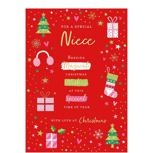 A modern Christmas card for a modern Niece. This bright card has green, pink and gold christmas trimmings set against a bright red background. The text reads "For a special Niece. Sending Magical christmas wishes at this special time of year. With love at Christmas "