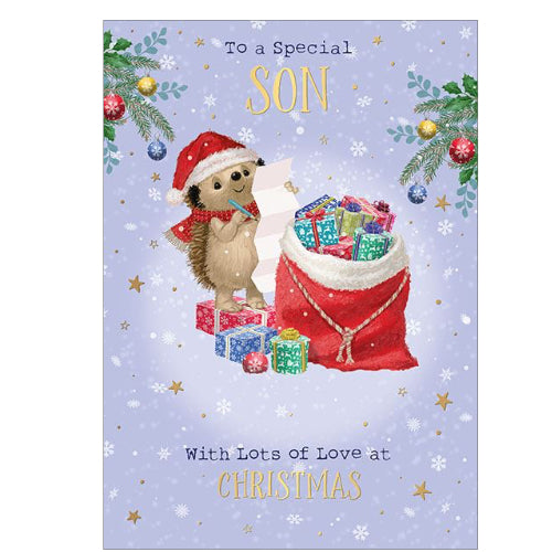 Here's Hartley the Hedgehog to wish a special son a merry, snowy Christmas. Hartley is checking his list of presents whilst keeping warm with a red woolly hat & scarf, against a green background dotted with gold stars.

The caption on the front of this Christmas card reads 