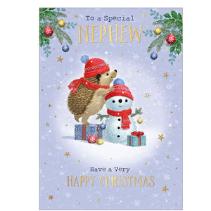 Here's Hartley the Hedgehog to wish a special nephew a merry, snowy Christmas. Hartley is building a snowman whilst keeping warm with a red woolly hat &amp; scarf, against a light blue background dotted with gold stars.

The caption on the front of this Christmas card reads "To a Special Nephew...Have a very Happy Christmas".