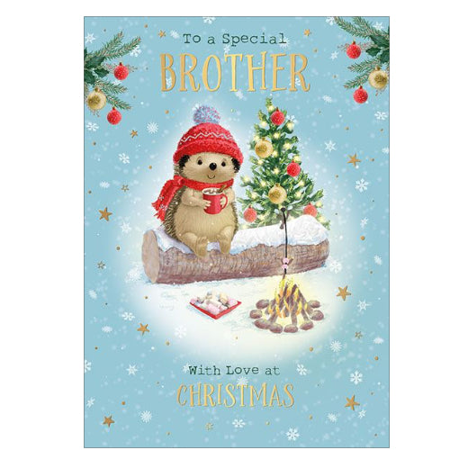 Here's Hartley the Hedgehog to wish a special brother a merry, snowy Christmas. Hartley is toasting marshmallows at a campfire and keeping warm with a red woolly hat & scarf, against a light blue background dotted with gold stars.

The caption on the front of this Christmas card reads 