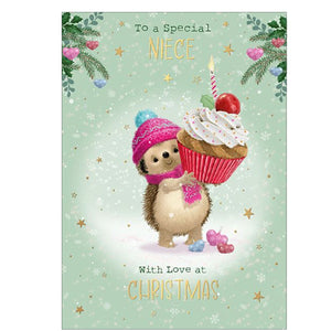 Here's Hartley the Hedgehog to wish a special niece a merry, snowy Christmas. Hartley is carrying a large Christmas cupcake whilst keeping warm with a pink woolly hat &amp; scarf, against a green background dotted with gold stars.

The caption on the front of this Christmas card reads "To a Special Niece...Have lots of fun at Christmas".