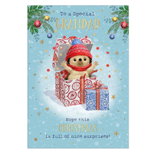 Here's Hartley the Hedgehog to wish a special grandad a merry, snowy Christmas. Hartley pops out of a gift box whilst keeping warm with a red woolly hat & scarf, against a blue background dotted with gold stars.

The caption on the front of this Christmas card reads 