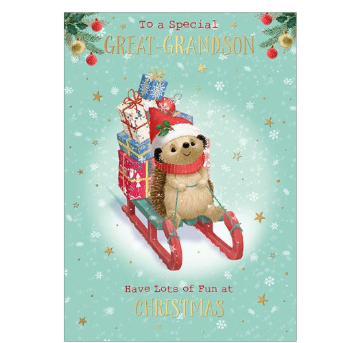 Here's Hartley the Hedgehog to wish a great-grandson a merry, snowy Christmas. Hartley is riding a sledge filled with presents whilst keeping warm with a red woolly hat & scarf, against a green background dotted with gold stars.

The caption on the front of this Christmas card reads 