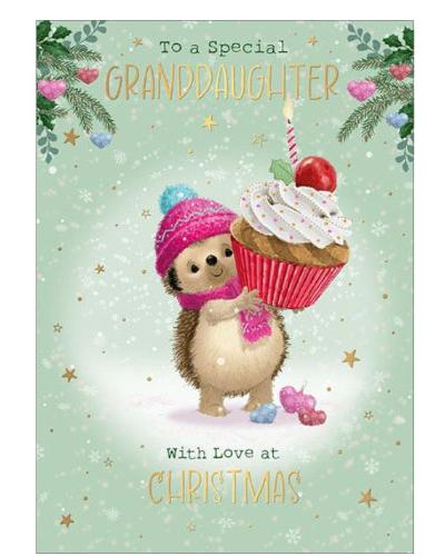 Here's Hartley the Hedgehog to wish a special granddaughter a merry Christmas. Hartley is making carrying a wonderful looking Christmas cupcake whilst wearing a pink woolly hat & scarf, against a light green background.

The caption on the front of this Christmas card reads 