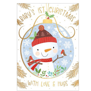 Celebrate a baby's first Christmas with this cute Christmas card. Featuring a globe with two cute robins and a snowman, the gold accents and details against a white background add a festive touch.

Gold text on the front of this christmas card reads "Baby's 1st Christmas...with love and hugs".