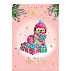 This Christmas card for a special auntie is decorated with an adorable hedgehog - dressed in a pink and blue bobble hat - sorting through a pile of Christmas gifts.

The caption on the front of this Christmas card reads "To a Special Auntie...with love at Christmas".