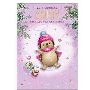 Here's Hartley the Hedgehog to wish a special cousin a merry, snowy Christmas. Hartley is making a snow angel whilst wearing a pink woolly hat &amp; scarf, against a lilac background.

The caption on the front of this Christmas card reads "To a Special cousin With love at Christmas".