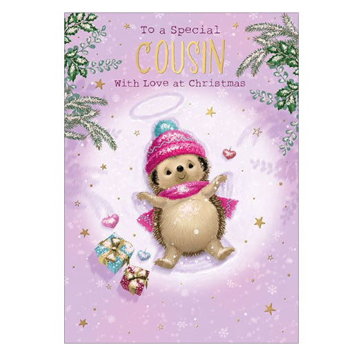 Here's Hartley the Hedgehog to wish a special cousin a merry, snowy Christmas. Hartley is making a snow angel whilst wearing a pink woolly hat & scarf, against a lilac background.

The caption on the front of this Christmas card reads 