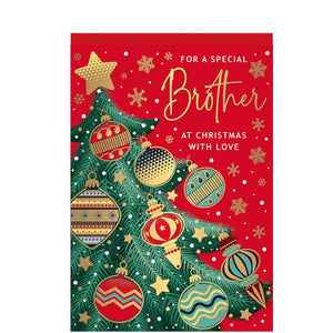 This Christmas card for a special brother is adorned in beautiful deep colors, featuring a green tree, gold and decorated baubles, and a red background with polka dot snow. Send a festive card that will make your brother feel loved and special during the holiday season.

The caption on the front of this Christmas card reads "For a Special Brother at Christmas with love".