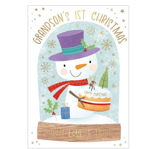 Celebrate a Grandson's first Christmas with our fun Christmas card. Featuring a globe with a friendly snowman holding a beautifully decorated christmas cake. Gold accents and details against a white background add a festive touch. 

Gold text on the front of this Christmas card reads 