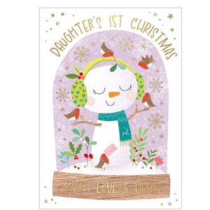 Celebrate a daughter's 1st Christmas with our fun Christmas card. Featuring a globe with a flock of cute robins and a snowlady, the gold accents and details against a white background add a festive touch.&nbsp;


Gold text on the front of this Christmas card reads "Daughter's 1st Christmas with love and hugs".